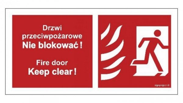ZNAK - BC049 Drzwi przeciwpożarowe, Nie blokować ! Fire door, Keep clear ! prawostronne 100 x 50 cm PS - Płyta 1mm foto.
