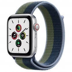 Apple Watch SE 44mm GPS + Cellular Aluminium w kolorze srebrnym z opaską sportową w kolorze błękitnej toni/zielonego mchu