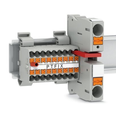 Blok rozdzielczy PTFIX 6/18X2,5-NS35A-FE, żółto-szare złącze przemysłowe - 18 punktów przyłączeniowych o przekroju 2,5mm2