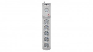 Przedłużacz przeciwprzepięciowy professional 5 gniazd 2xUSB 1,5m 10A 230V 2300W szary W-100040