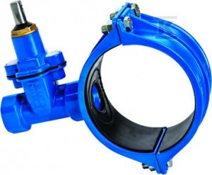 Zasuwo-opaska do wody gwintowana ZG2 NWZPE DN32x110 z miękkim uszczelnieniem, z szeroką opaską na rurę PVC/PE, PN16, GJS- żeliwo sfero .936.032.110 65