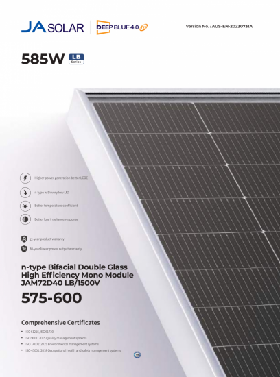 Panel PV JA Solar 600Wp JAM72D40-600/LB_SF bifacial