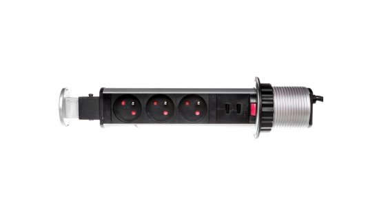 Gniazdo meblowe fi6cm, 3x250V AC wysuwane z blatu z ładowarką USB, blokadą i przewodem 1,8m srebrne OR-AE-1349