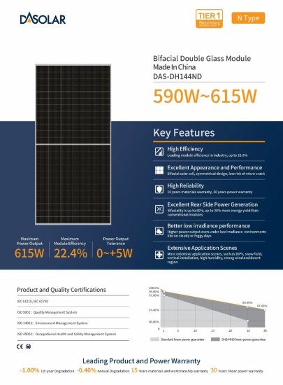 Moduł fotowoltaiczny Panel PV 615Wp Das Solar DAS-DH132NE-615, dwustronny, dual glass, N-type,  srebrna rama