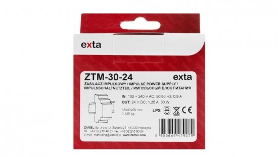Zasilacz impulsowy montowany na szynie TH-35 (DIN) 30W 24V DC typ: ZTM-30/24 EXT10000282