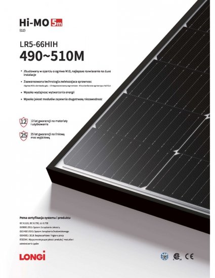 Moduł fotowoltaiczny Panel PV 510W Longi LR5-66HIH-510M Hi-MO 5M Silver Black Frame Czarna rama