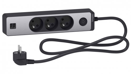 Odace Przedłużacz 3 gniazdowy z łącznikiem 2x USB, 1,5m antracyt szczotkowane aluminium ST933U1BA