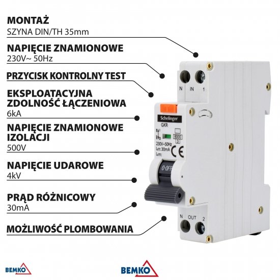 WYŁĄCZNIK RCBO 1P B 6A 30mA TYP A SCHELINGER