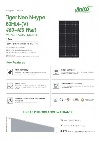 Moduł fotowoltaiczny panel PV 465Wp Jinko Solar JKM465N-60HL4-V BF Monofacial Half Cut Czarna Rama