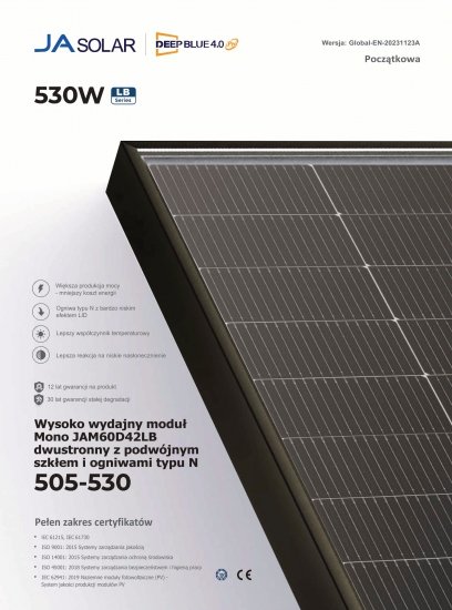 Panel PV 530Wp JA Solar JAM60D42-530/LB N-Type Bycium+ DeepBlue 4.0 Pro Bifacial Double Glass Transparent BF Czarna Rama
