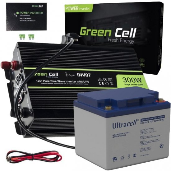 ZESTAW PRZETWORNICA Green Cell 12V-|}230V 300W/600W CZYSTY SINUS + AKUMULATOR AGM 12V 45Ah