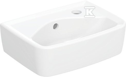 Rekord umywalka kompaktowa, kształt geometryczny, krótka, B35cm, H15cm, T25cm, z otworem na baterię z prawej strony, z przelewem