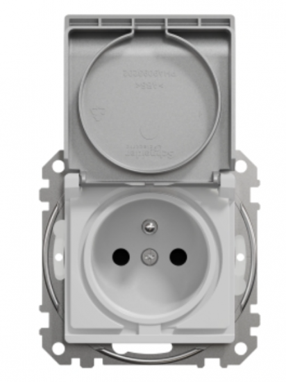 Schneider Electric, Sedna Design i Elements, Gniazdo zasilające 2P+PE z przesłonami torów pr. IP44, srebrne aluminium, SDD213013