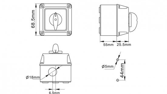 Łącznik krzywkowy 0-1 25A 3P w obudowie IP65 / LW25 0-1 3P OB