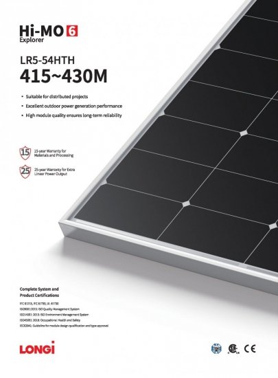 Moduł fotowoltaiczny Panel PV 435Wp Longi Solar LR5-54HTH-435M  Hi-MO 6 Explorer Black Frame Czarna rama
