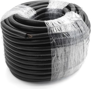 Rura karbowana bezhalogenowa czarna, odporność 320N, (peszel bezhalogenowy) RIL-PA6-HB-P ,16x21, odporna na UV + dławik czarny kątowy 90&deg; M25x1,5 (16x21) 968-322-2 do peszla poliamidowego,pakowany po 20 szt. DLS016