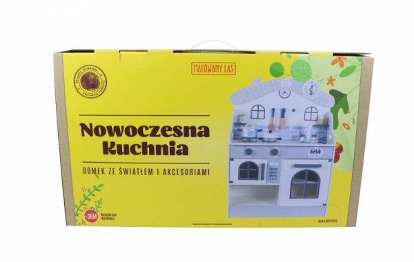 Malowany Las Drewniana kuchnia ze światłem i akcesoriami szara Domek