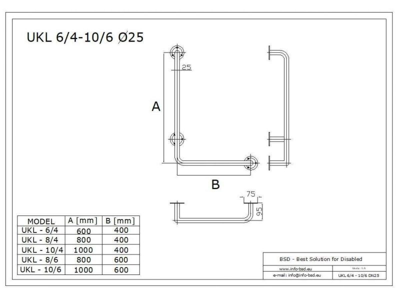 Uchwyt Kątowy dla Niepełnosprawnych lewy 100/40cm biały fi25