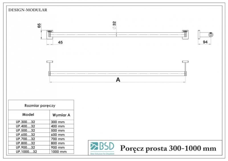 Poręcz prosta dla Niepełnosprawnych stal nierdzewna 200 cm fi 32mm