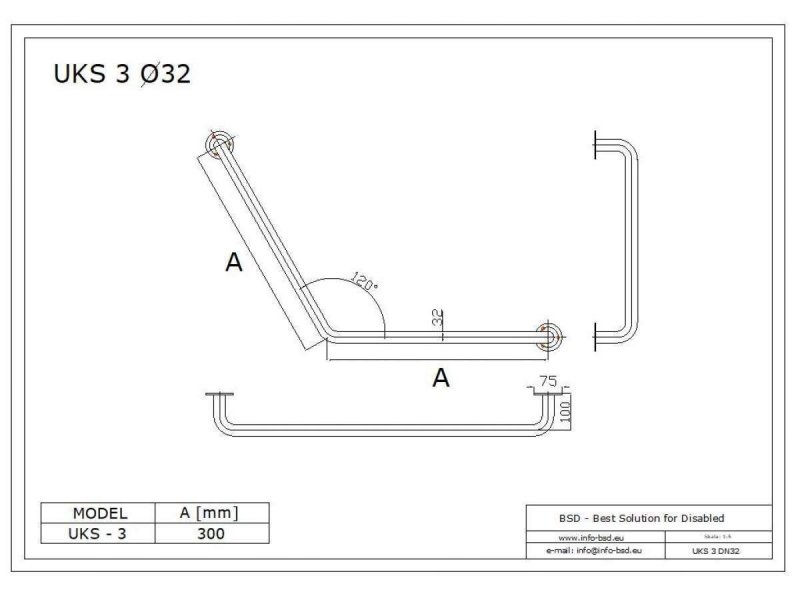 Uchwyt Kątowy dla Niepełnosprawnych specjalny 30/30cm stal nierdzewna fi32 