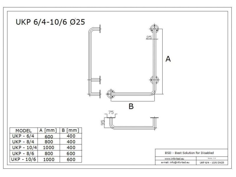 Uchwyt Kątowy dla Niepełnosprawnych prawy 100/60cm biały fi32