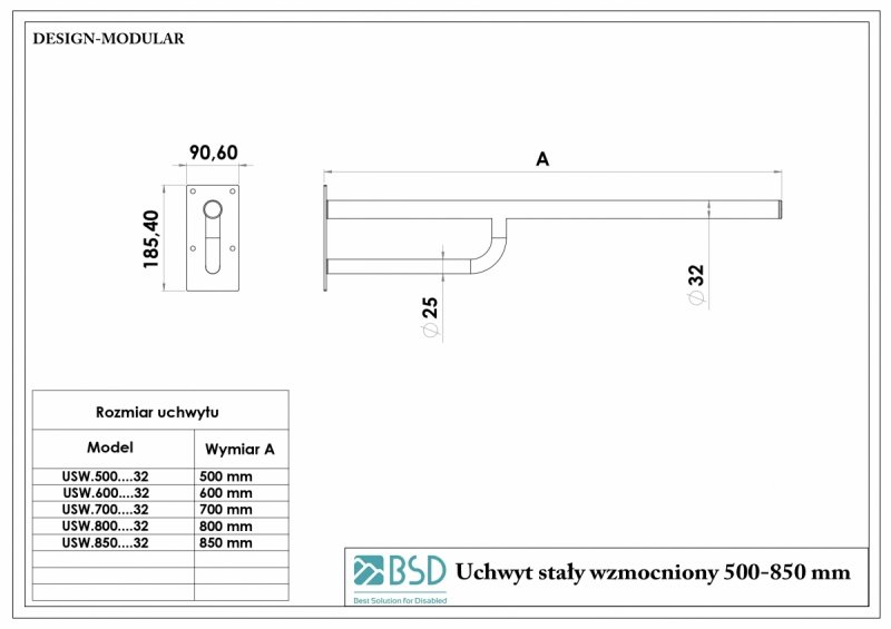 Uchwyt stały 80 cm dla niepełnosprawnych stal nierdzewna MODULAR