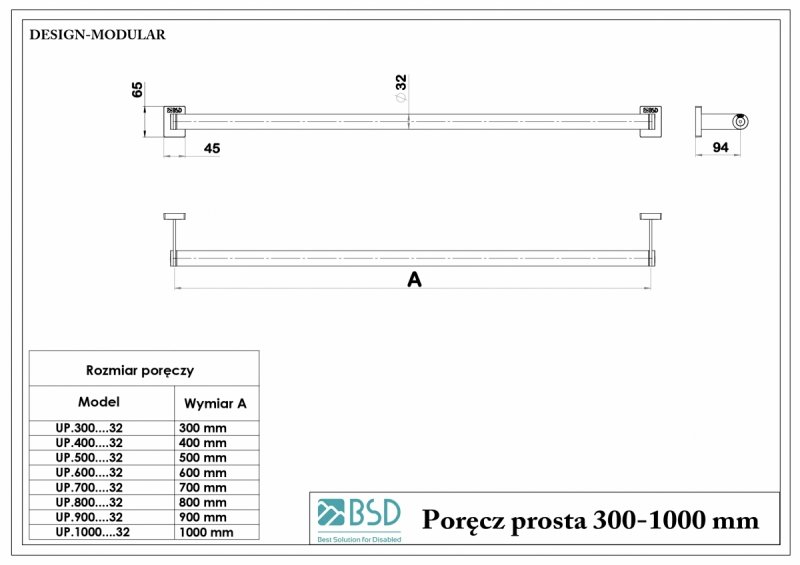 Poręcz Prosta dla Niepełnosprawnych stal nierdzewna 80 fi32mm