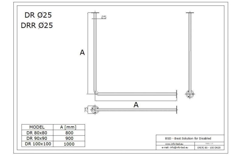 Drążek narożny zasłony prysznicowej stały 90x90 stal nierdzewna fi25