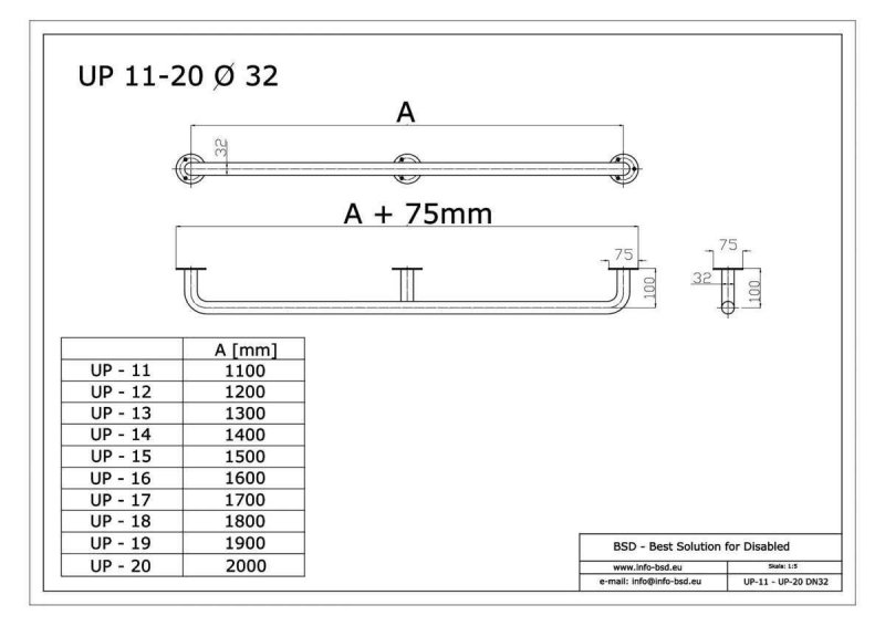 Uchwyt Prosty dla Niepełnosprawnych 140cm biały fi32 + MASKOWNICE