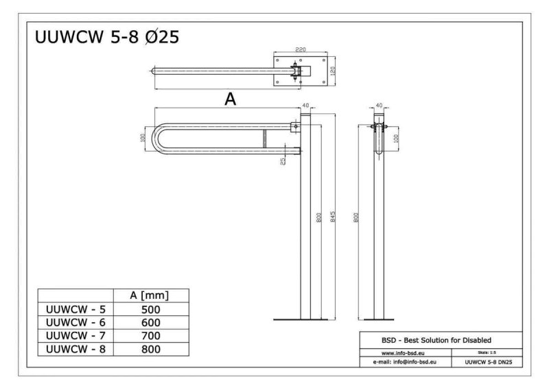 Uchwyt Uchylny WC Wolnostojący dla Niepełnosprawnych 50cm stal nier fi25