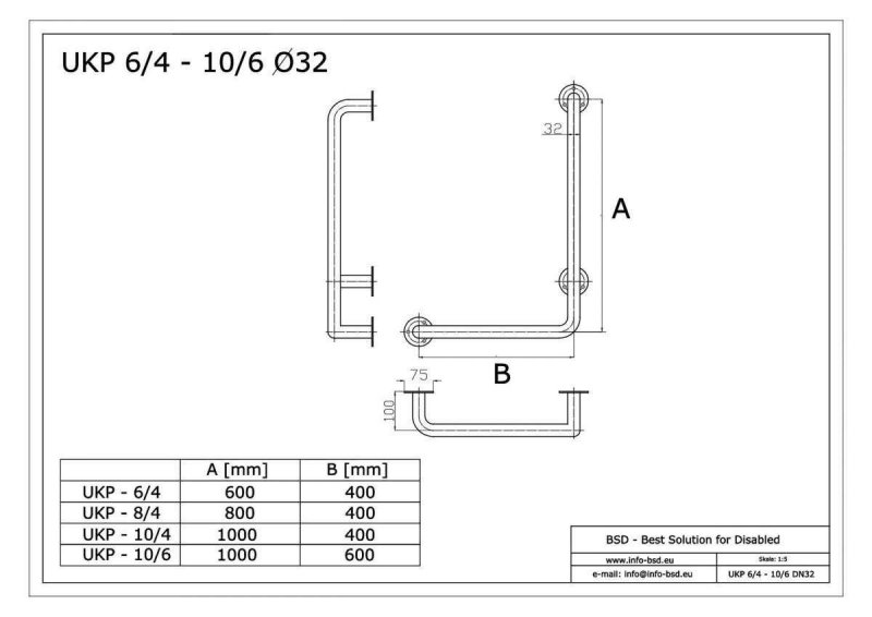 Uchwyt Kątowy dla Niepełnosprawnych prawy 100/40cm biały fi32 + MASKOWNICE