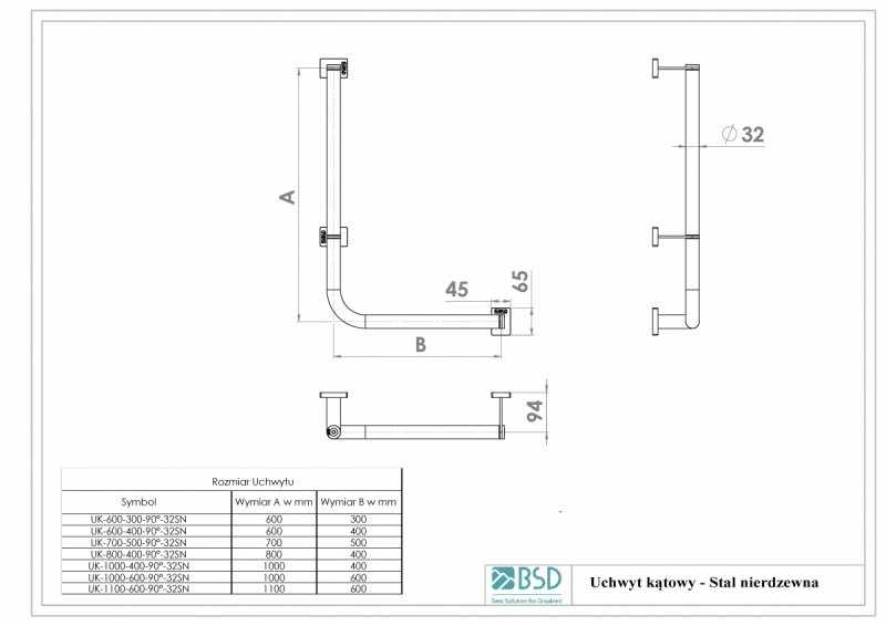 Uchwyt Kątowy 60/40 cm dla Niepełnosprawnych stal nierdzewna fi32 MODULAR