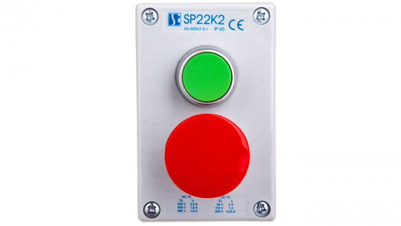 Kaseta sterownicza 2-otworowa zielony/przycisk grzybkowy czerwony 1Z 1R IP65 szara SP22K203-2