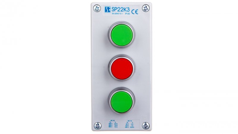 Kaseta sterownicza 3-otworowa 2xzielony/czerwony 2Z 1R IP65 1x membrana M20 szara SP22K302-2