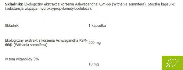 Aliness BeOrganic Ashwagandha KSM-66® 5% produkt BIO, 200mg x 50 kaps