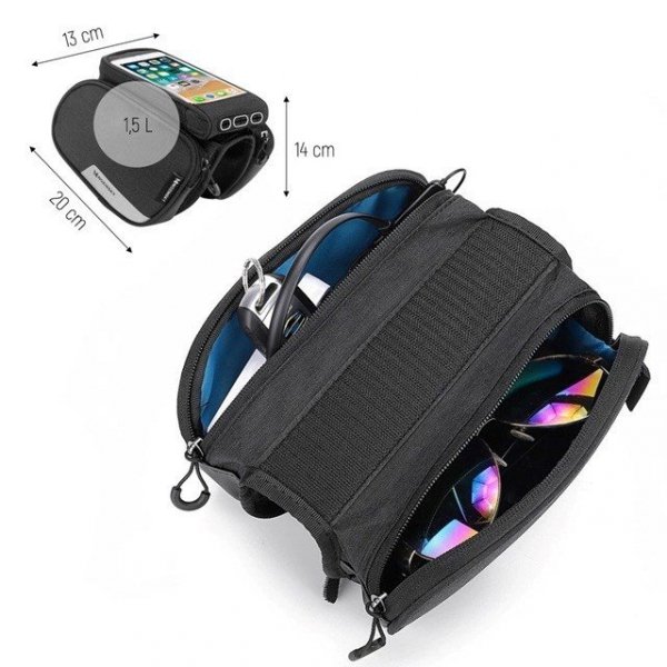 Wozinsky torba rowerowa na ramę + odczepiany pokrowiec na telefon do 6,5&quot; 1,5l czarna (WBB7BK)