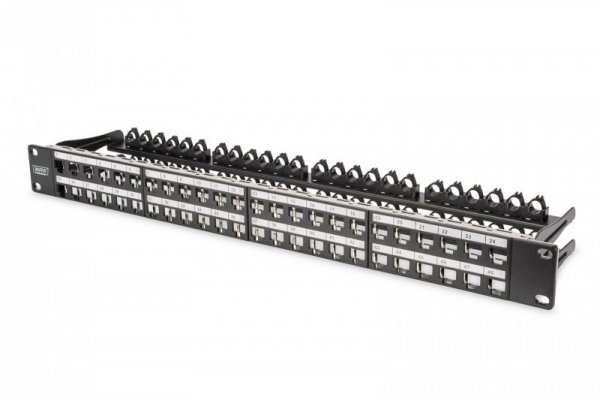 Panel krosowy high density 19&quot; 48x keystone, ekranowany, 1U, czarny, prowadnica kabli,pola opisowe