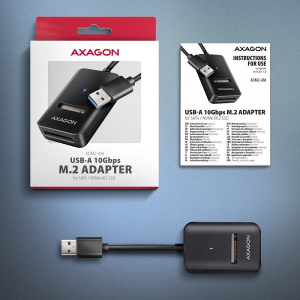 Axagon ADM2-AM USB-A 10Gbps - M.2 NVMe & SATA SSD adaptér, kabelis USB-A 10cm Obudowa SSD Czarny
