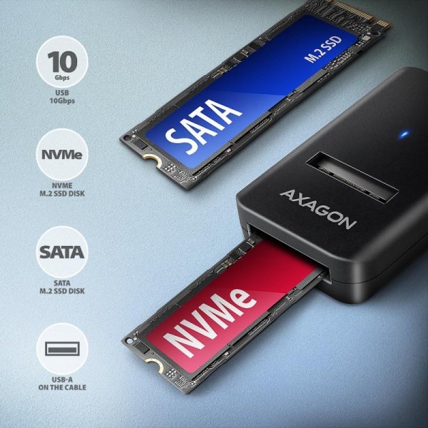 Axagon ADM2-AM USB-A 10Gbps - M.2 NVMe & SATA SSD adaptér, kabelis USB-A 10cm Obudowa SSD Czarny