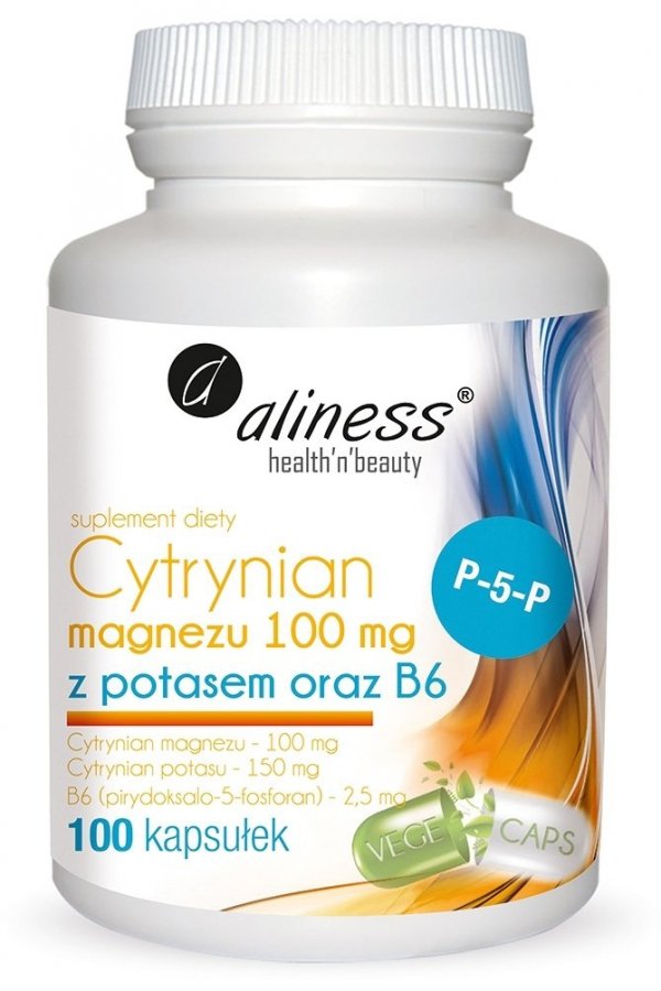 Cytrynian Magnezu 100 mg z potasem 150 mg, B6 (P-5-P) x 100 caps VEGE Aliness 