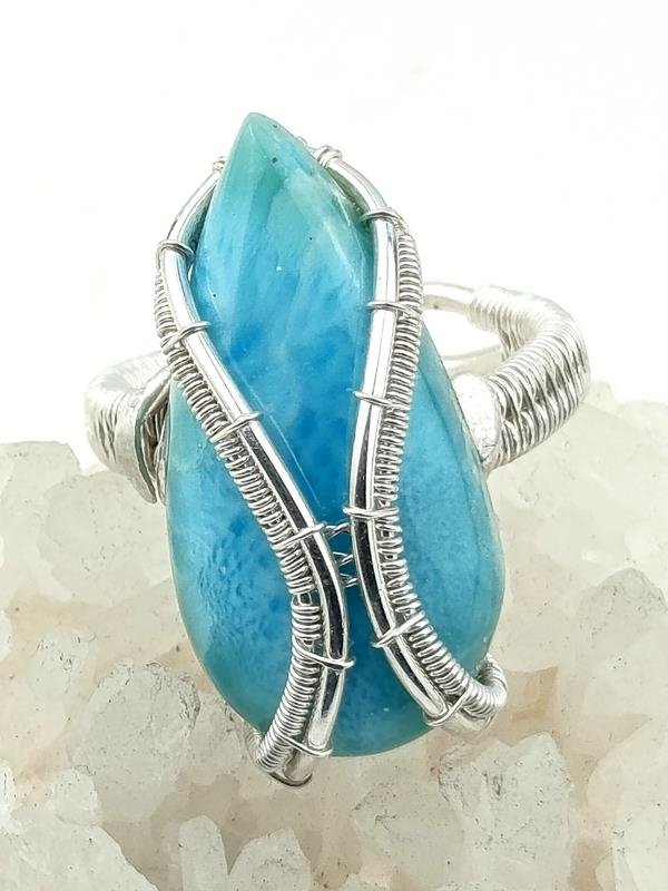 Larimar - pierścionek (26x13 mm) srebro Ag999, rozmiar 15 – regulowany, waga 7.7 grama, rękodzieło