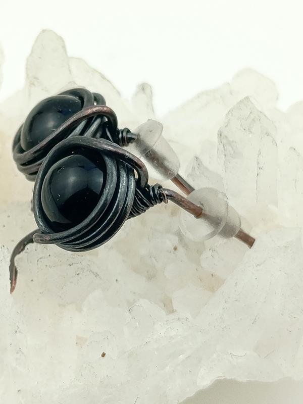 Prezent dla ekologa, tancerza, stomatologa - kolczyki miedziane z czarnym agatem