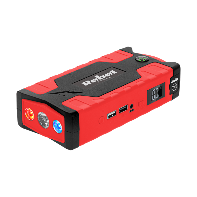 Jump starter - power bank z przewodami rozruchowymi i kompresorem