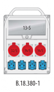 Rozdzielnica R-BOX 380 13S: 1x32A/5P, 2x16A/5P, 4x250V, 400V, IP44 + przewód, B.18.380-1P, Pawbol