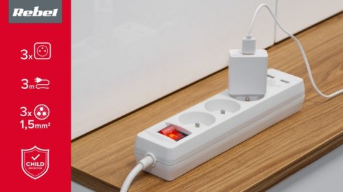 Przedłużacz sieciowy Rebel  3 gniazda + 2 gniazda USB, z wyłącznikiem - 3m