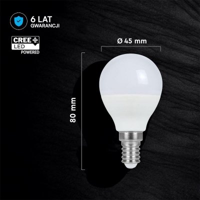 Żarówka LED V-TAC CREE CHIP 6,5W E14 kulka P45 VT-270 3000K 600lm 6 lat gwarancji