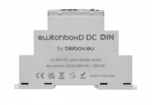 Podwójny-bezpotencjałowy przełącznik ON-OFF 12-24V DC na szynę DIN switchBoxD DC DIN BleBox