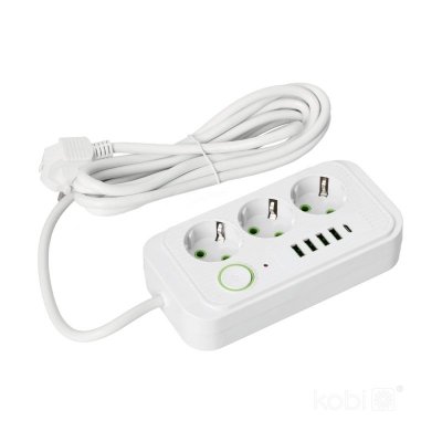 Przedłużacz LINEA PRO 3gn+4USB/1USB-C/3m/Zu+W biały Kobi