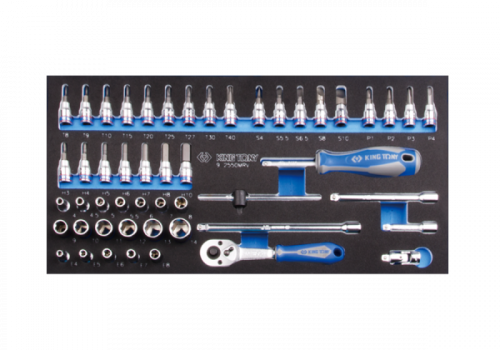 ZESTAW NASADEK 1/4&quot; 50cz. KRÓTKIE, 6-kąt. 4 - 14mm Z AKCESORIAMI, WKŁAD Z PIANKI EVA DO WÓZKA King Tony