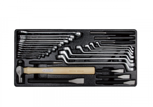 ZESTAW KLUCZY CALOWYCH 21cz. - PŁASKO-OCZKOWE 12cz. 1/4-1&quot;, OCZKOWE ODGIĘTE 75* 7cz. 1/4-1.1/8&quot;, WKŁAD DO WÓZKA King T